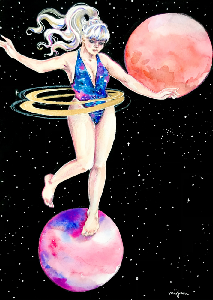 A woman dancing on planet in space